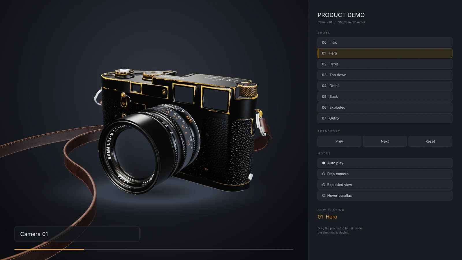 A 3D product presentation beside a shot menu