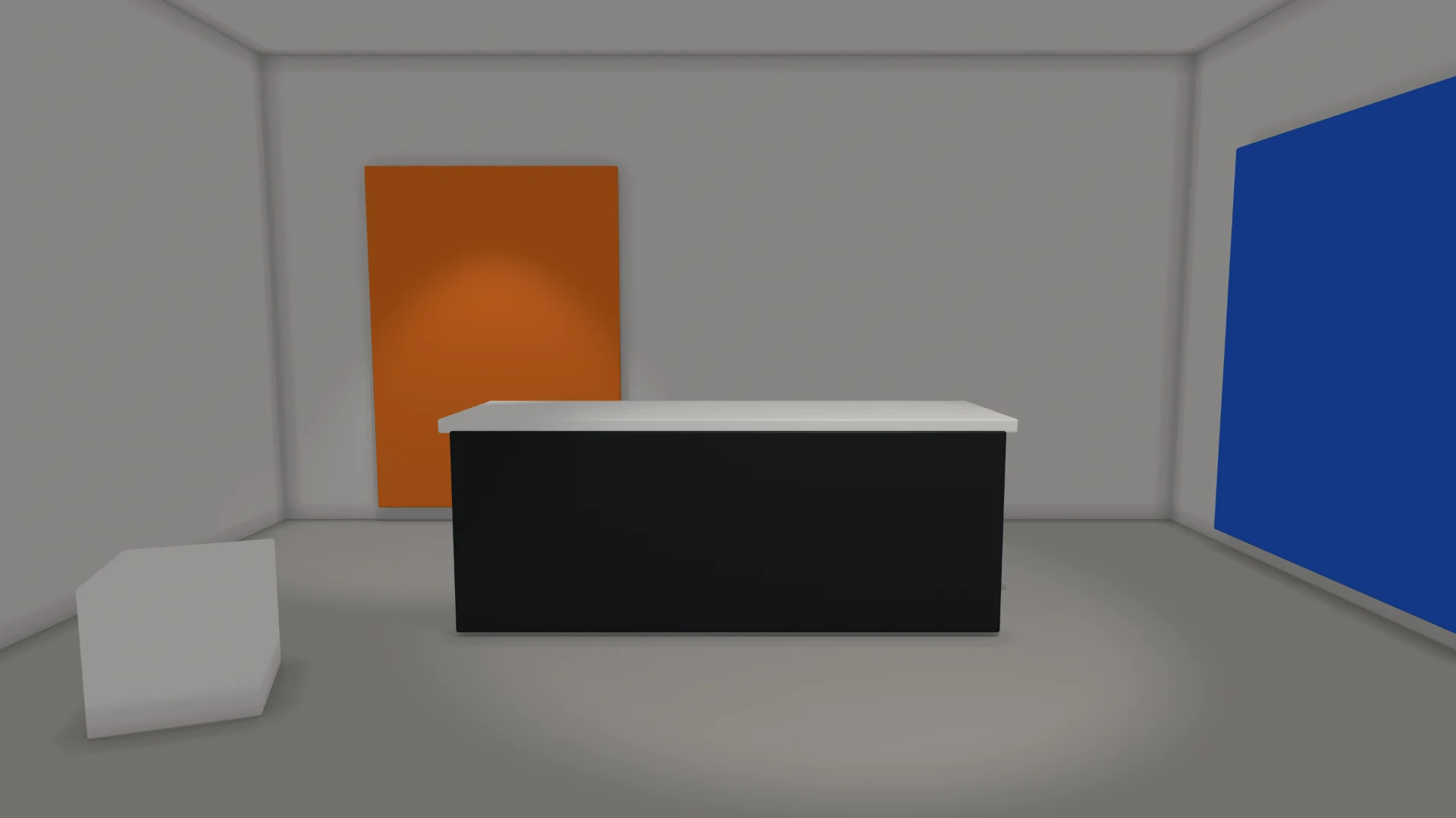 The same news set without global illumination: two spotlights and a flat fill, every shaded surface the same grey