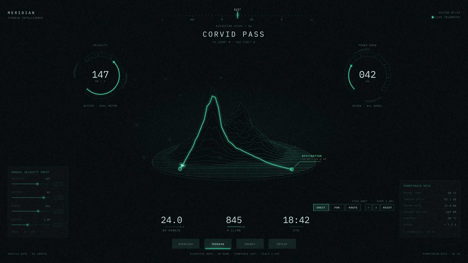 A touch-screen console: a route over a contour map, dials and tabs