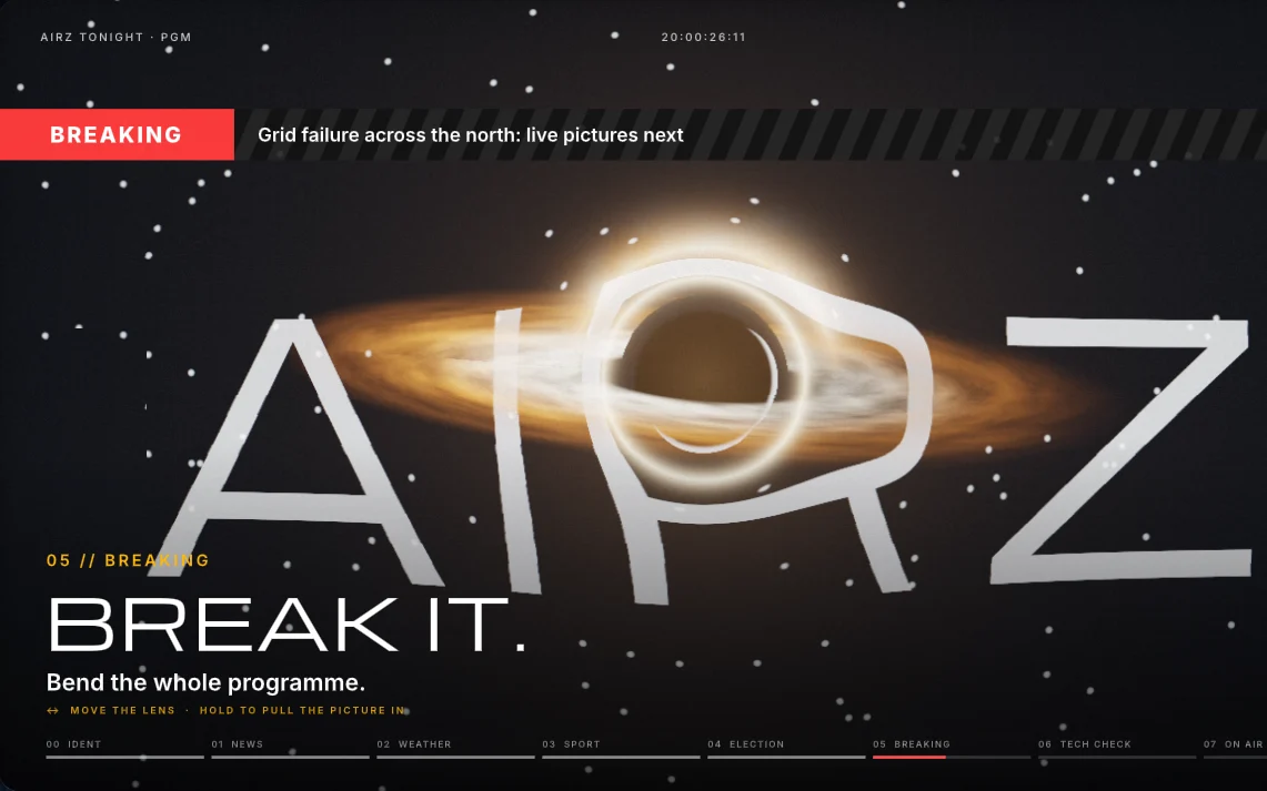 A breaking-news strap across the top of a full-screen news graphic