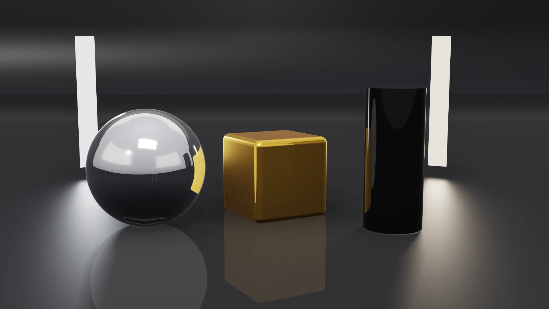 A 3D studio set: two strip softboxes behind a chrome ball, a gold box and a black lacquer cylinder on a polished floor, ray traced
