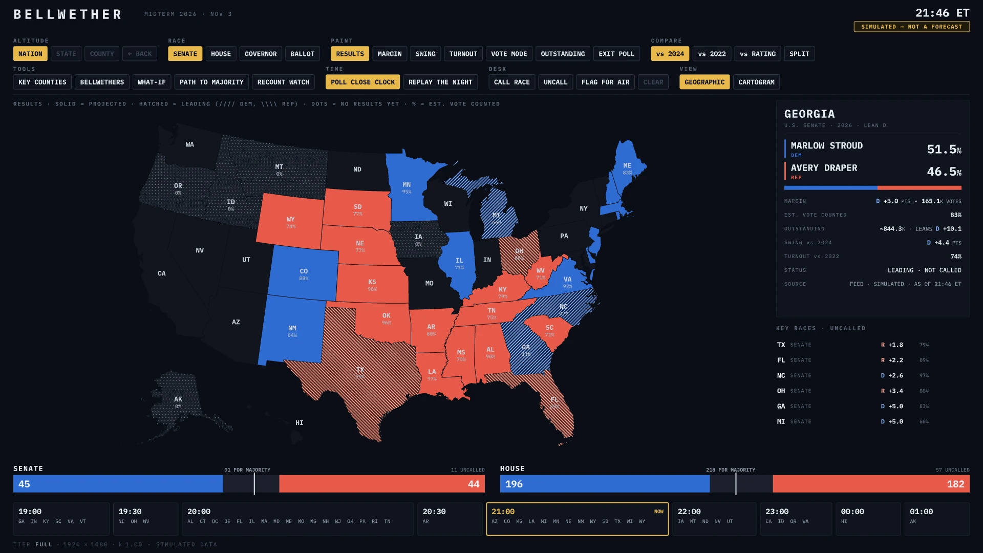 An election results map of the United States coloured by party