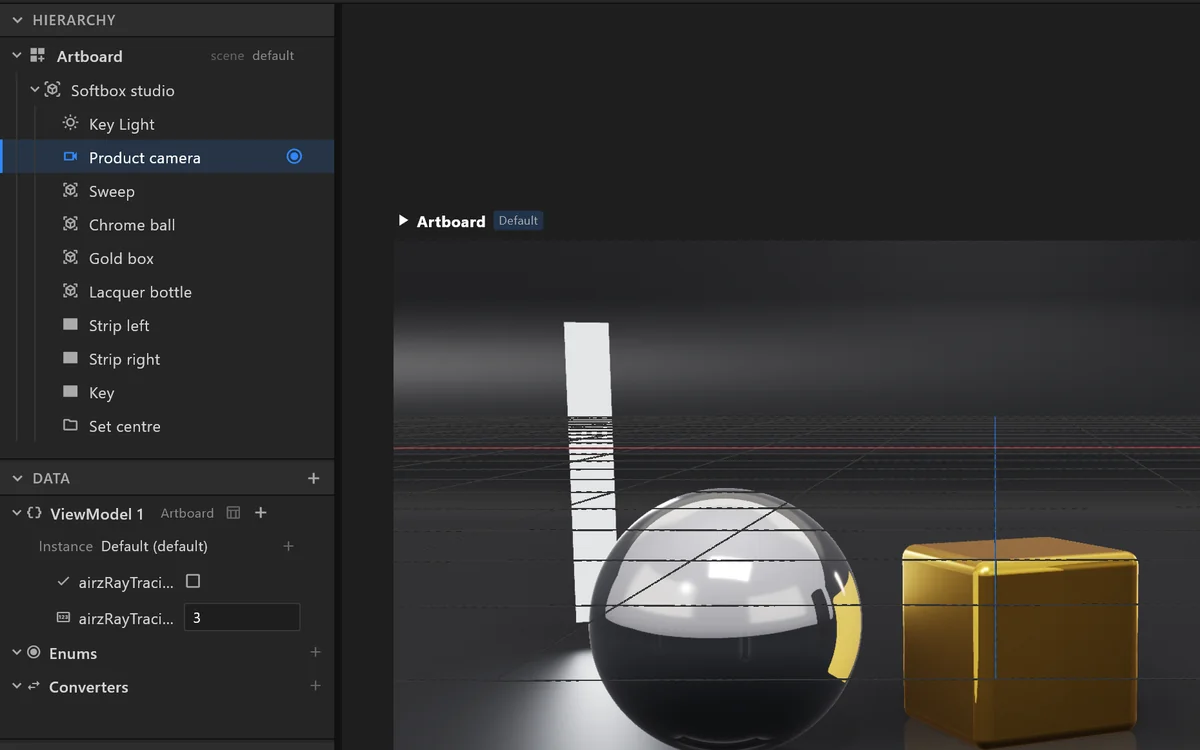 A 3D scene in airZ Editor: its objects, lights and camera as rows in the hierarchy, each one selectable