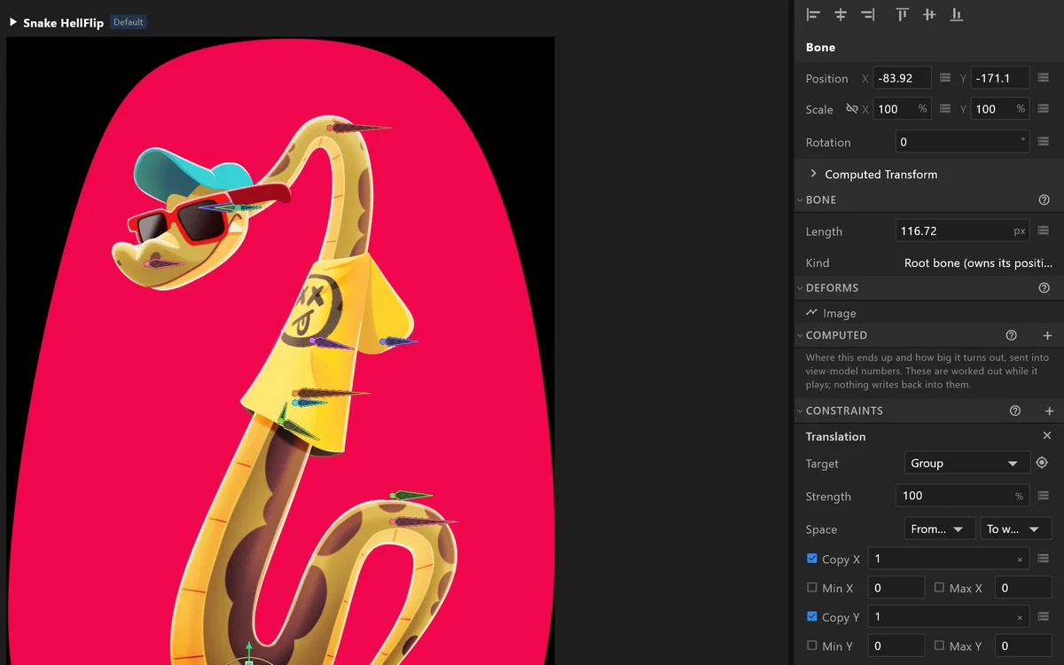 airZ Editor rigging a character: a bone selected on the stage, its constraints in the inspector