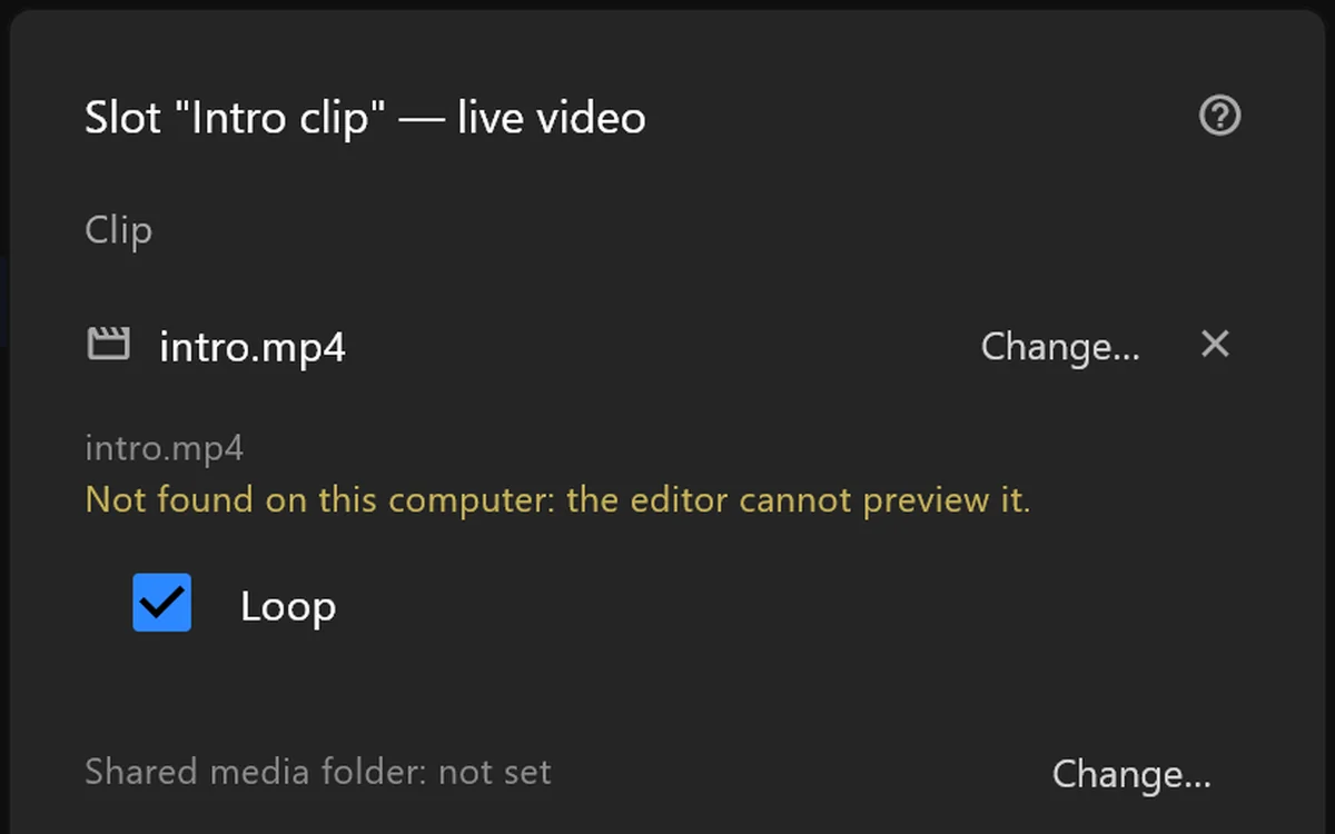 A live video window in airZ Editor: its clip, loop and colour space