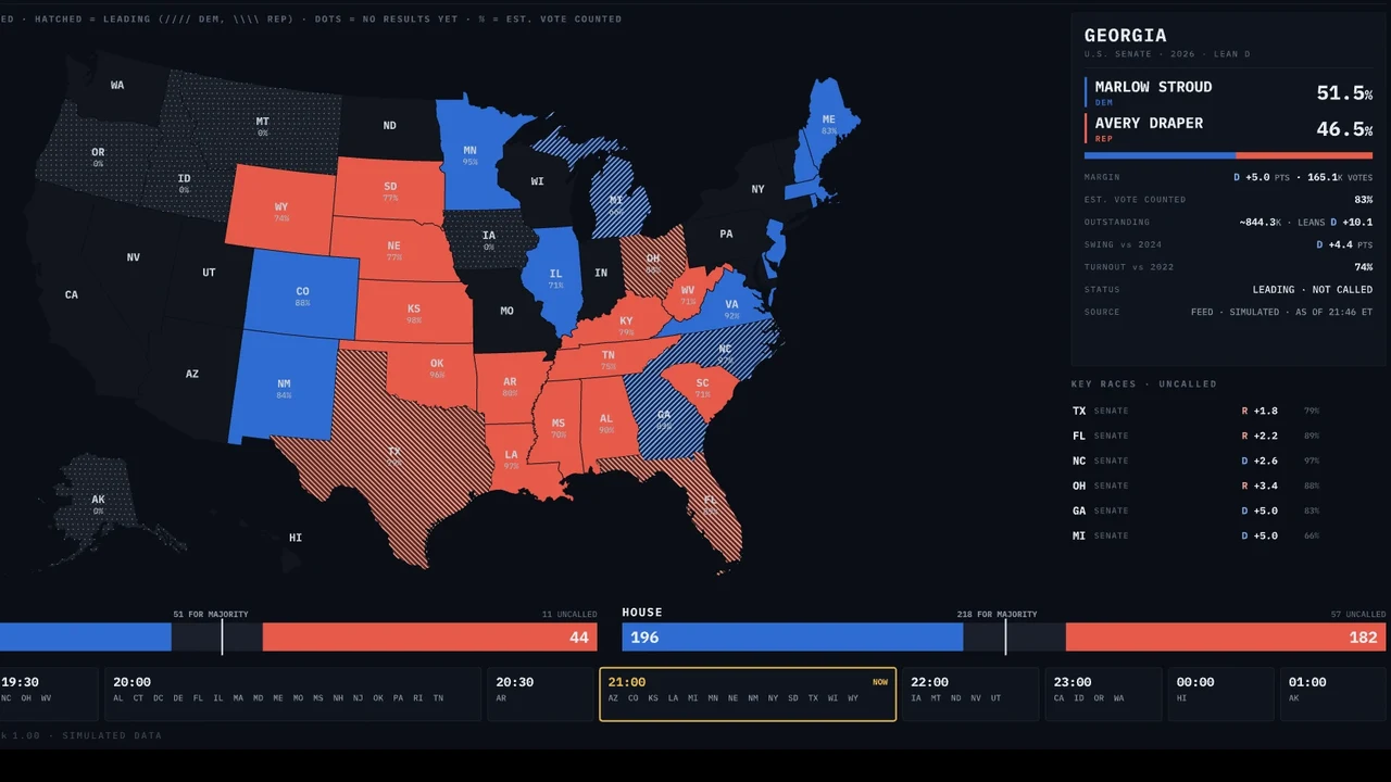 An election-night desk on air: a map of the United States coloured by party, a Senate race, and Senate and House bars