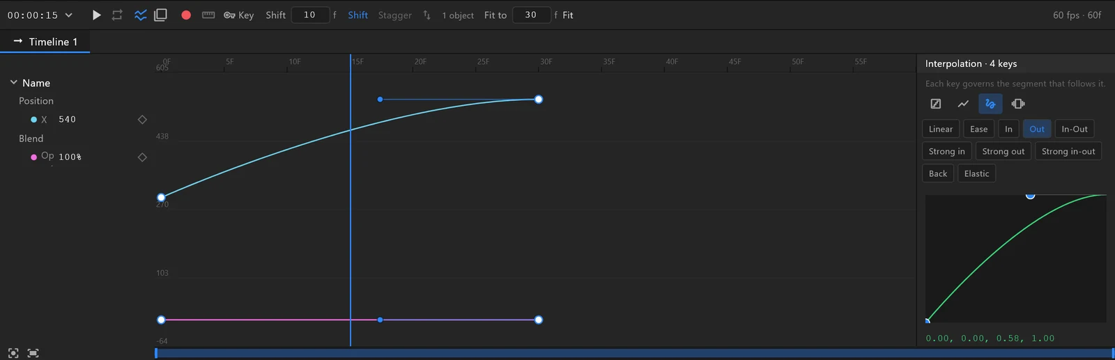 The graph editor with an ease-out curve