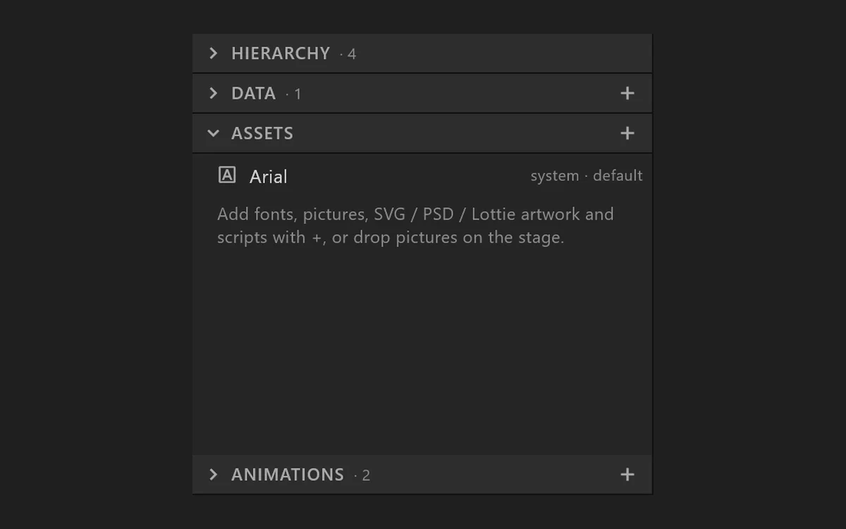 The Assets panel of airZ Editor, where PSD, SVG and Lottie files are added