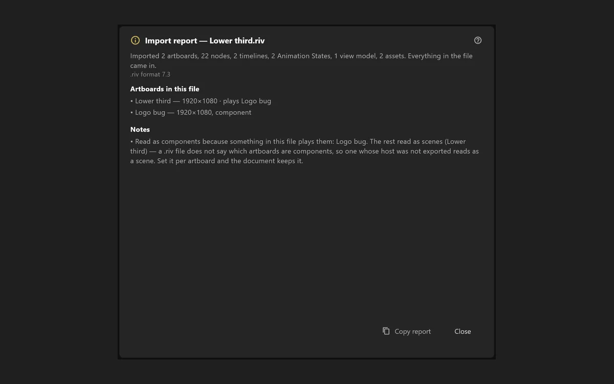 The import report after a .riv file opens in airZ Editor