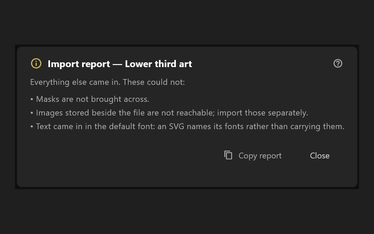 The import notes airZ Editor shows after an SVG comes in