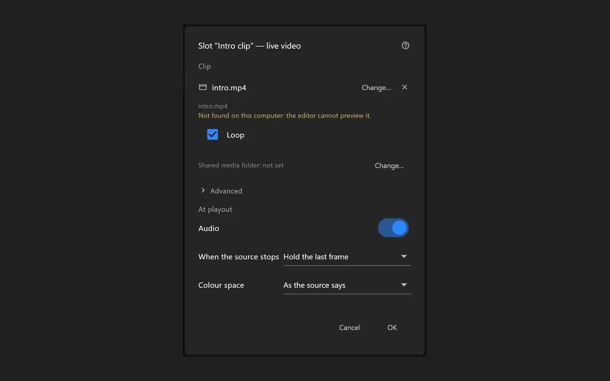 A live video slot's clip settings in airZ Editor