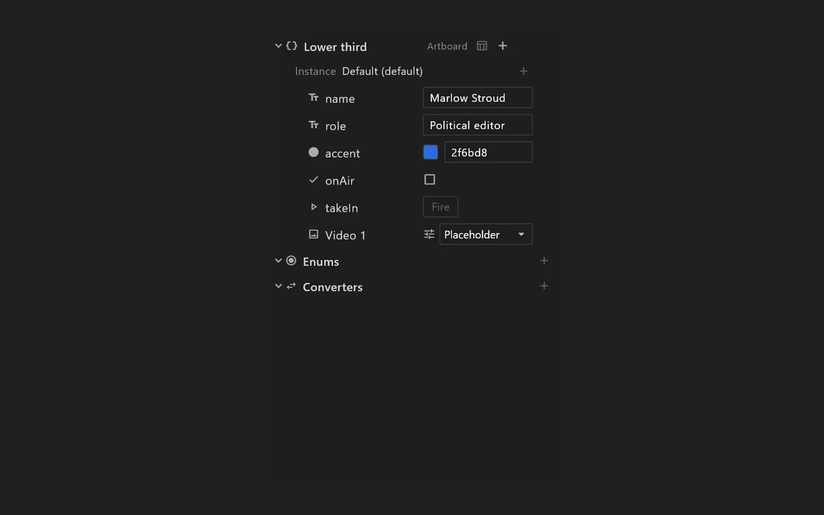 A graphic’s named values in the airZ Editor Data panel
