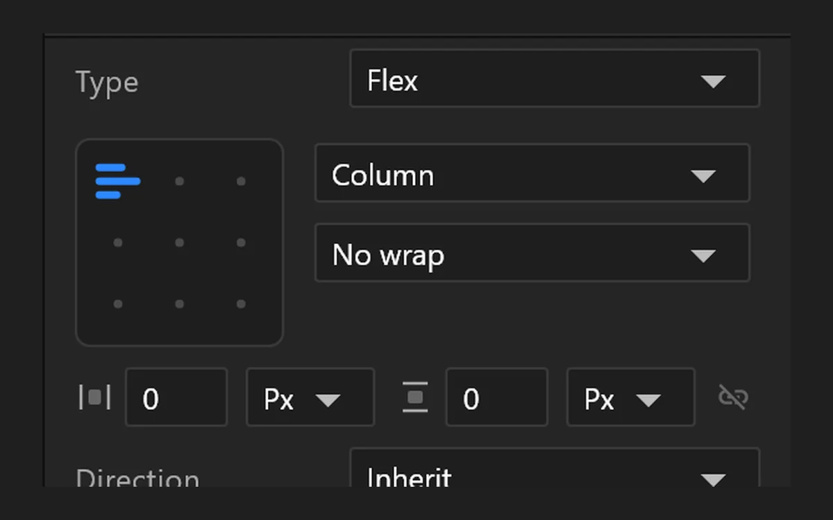 A flex layout's settings in the airZ Editor inspector