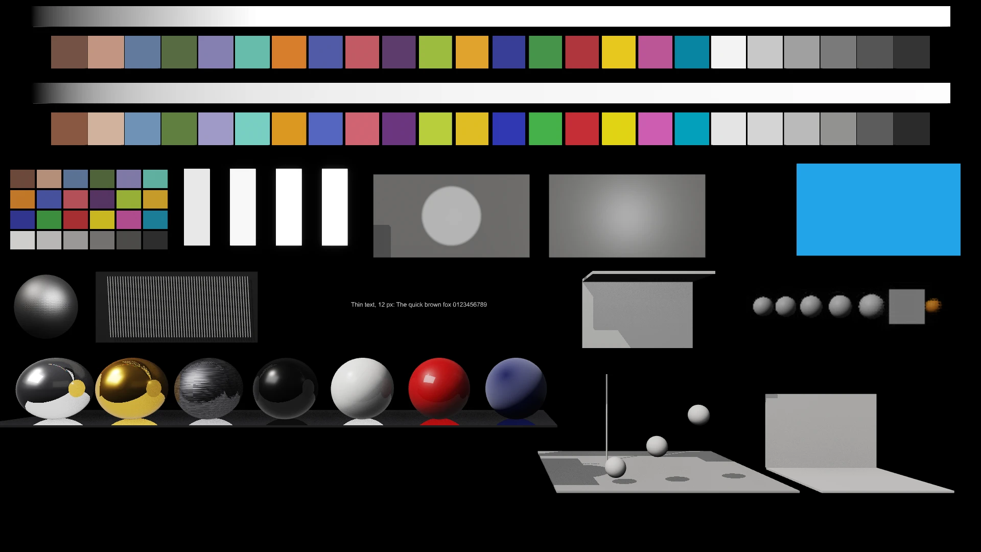 The reference scene: colour charts, grey ramps, fine-detail targets and a row of materials