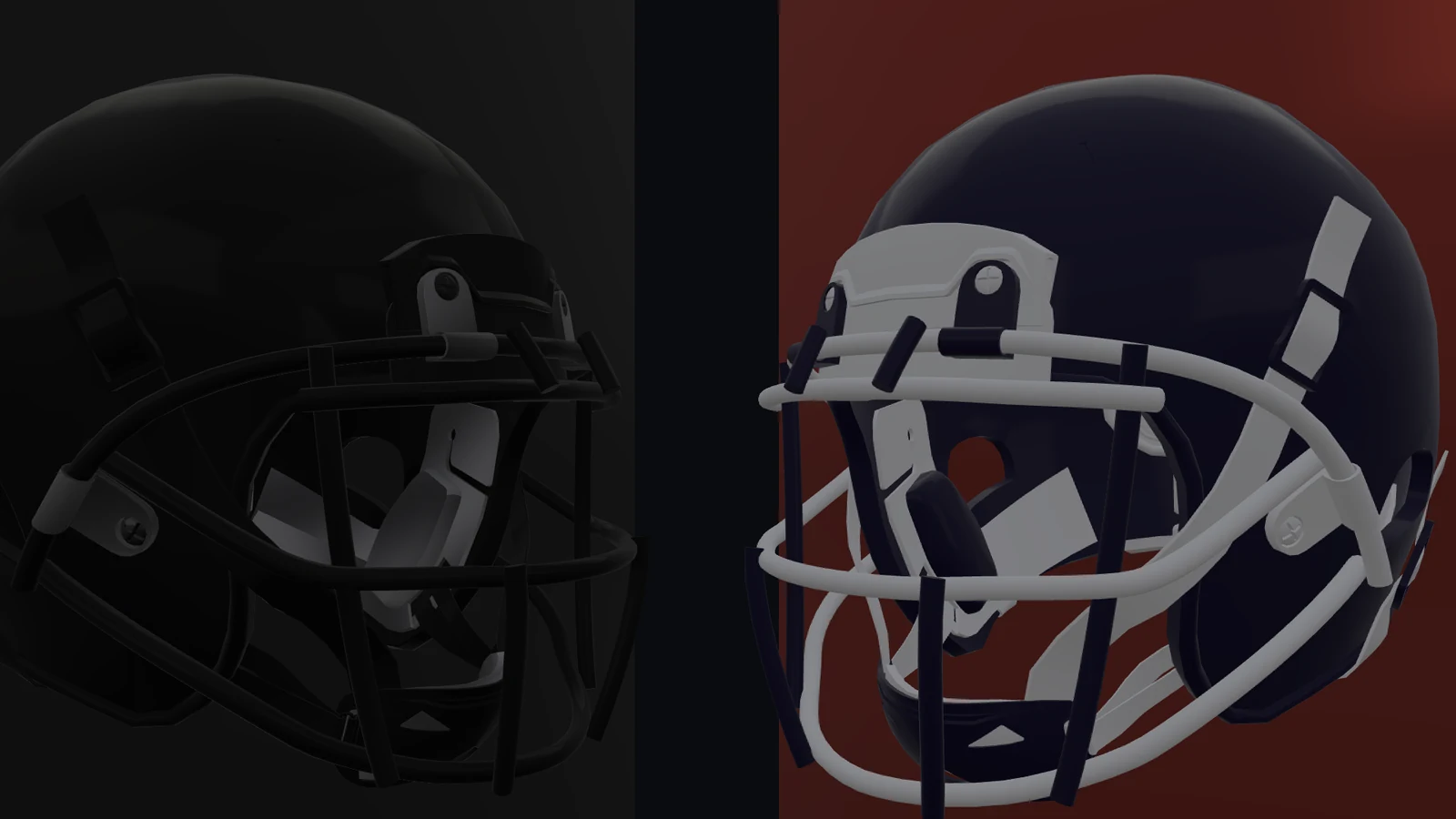 Two 3D football helmets facing each other