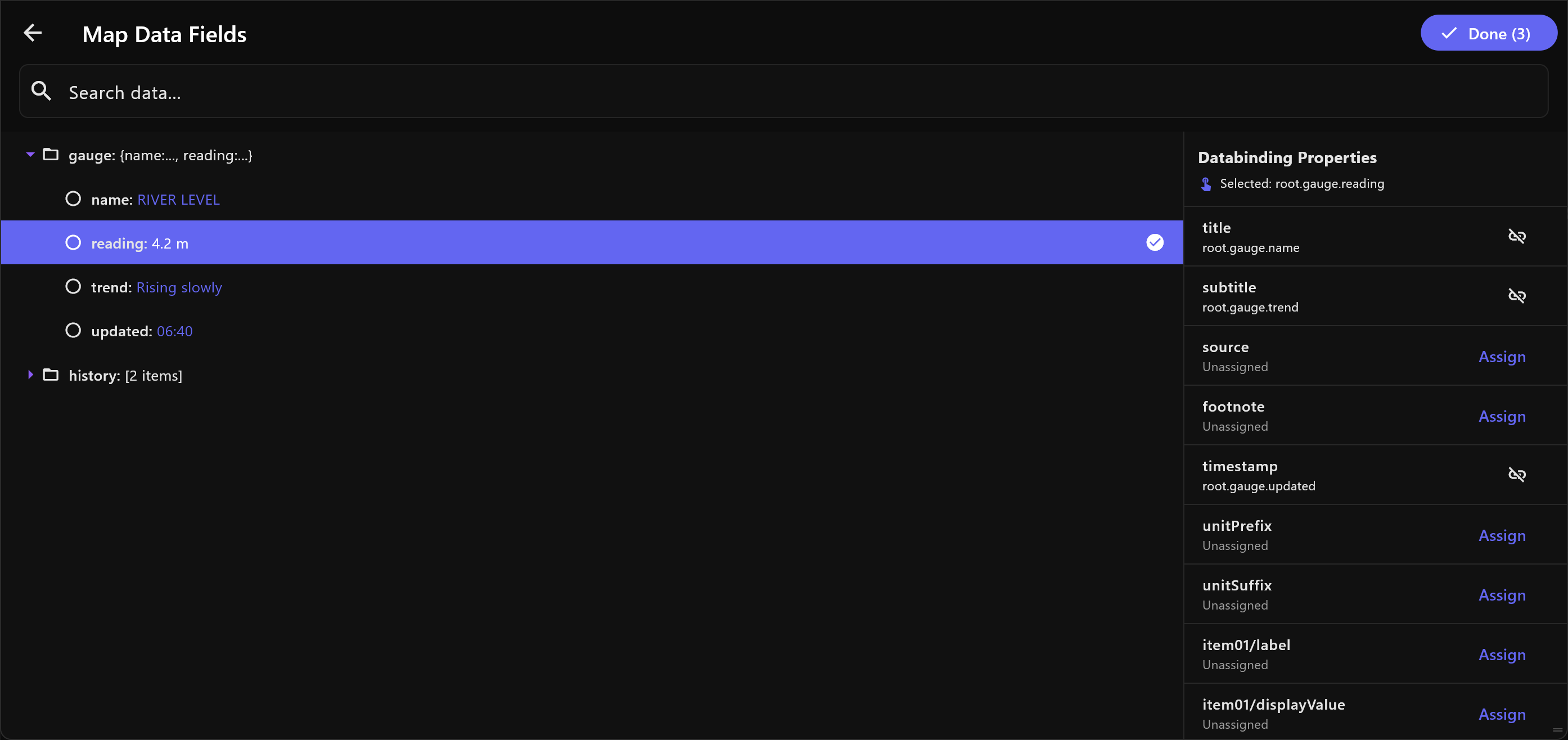 Map Data Fields: the feed's data on the left, with gauge opened and reading 4.2 m selected; on the right, Databinding Properties with title, subtitle and timestamp linked to the feed's name, trend and updated, and Assign beside the others; Done (3) at the top