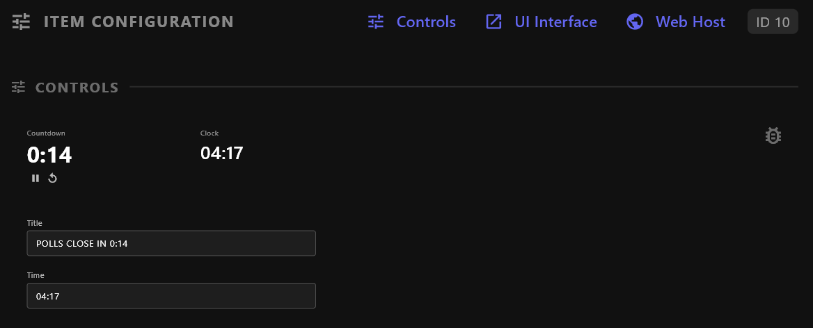The countdown panel in Item Configuration: the Countdown timer at 0:14 with its pause and reset buttons, the Clock, and the Title and Time fields following them