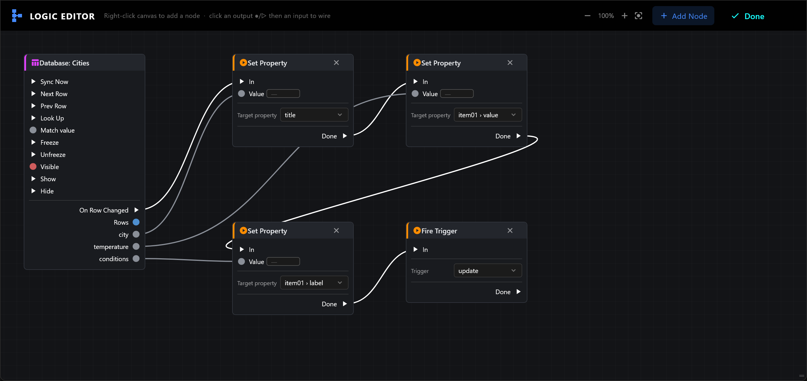 The Logic Editor for the weather panel: Database Cities with its city, temperature and conditions values wired into three Set Property nodes chained one after the other, then into Fire Trigger