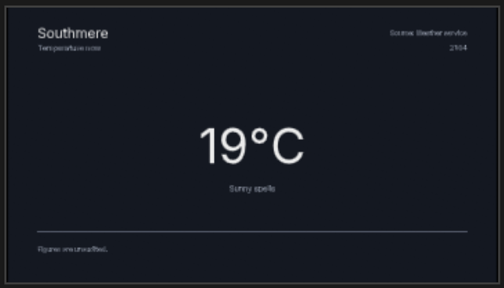 The next city six seconds later: Southmere, 19°C, Sunny spells