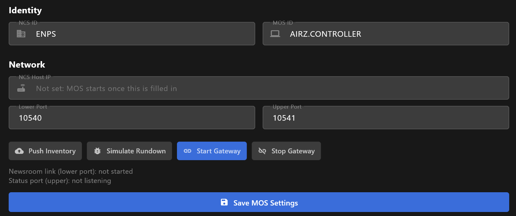 Settings, MOS Gateway: Identity with NCS ID and MOS ID, Network with NCS Host IP, Lower Port 10540 and Upper Port 10541, the buttons Push Inventory, Simulate Rundown, Start Gateway and Stop Gateway, the link status, and Save MOS Settings