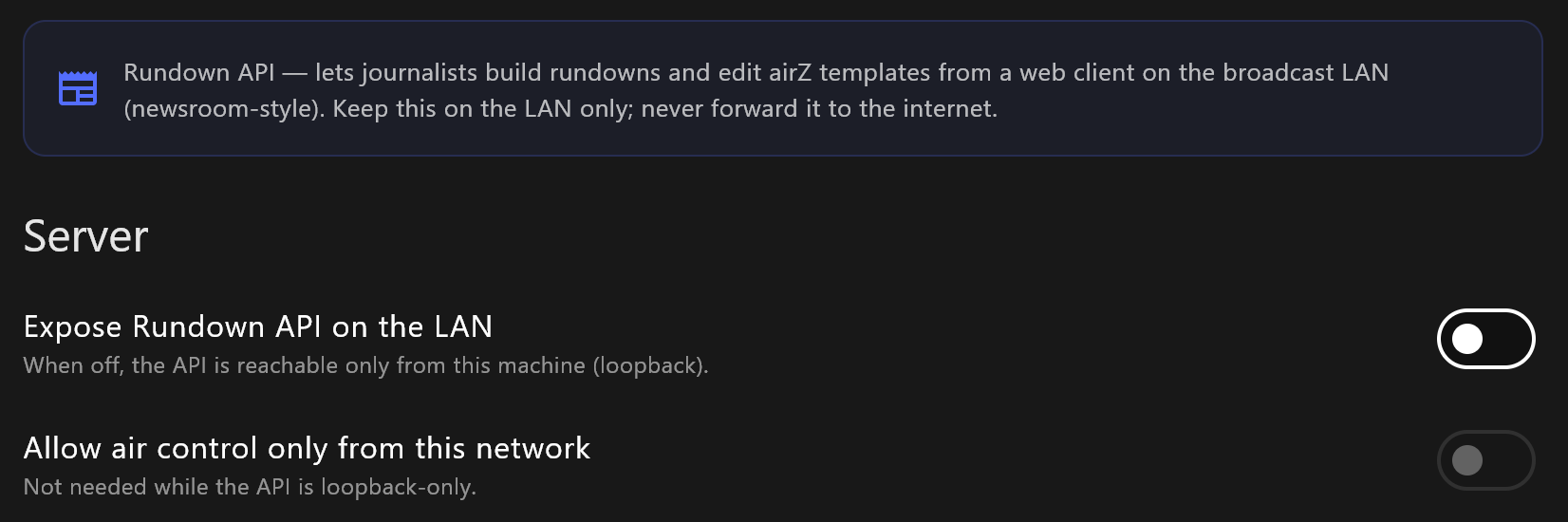 Settings, Rundown API: the Server section with Expose Rundown API on the LAN and Allow air control only from this network