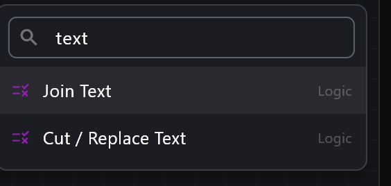The node search menu with "text" typed in Search nodes, listing Join Text and Cut / Replace Text, both in the Logic group