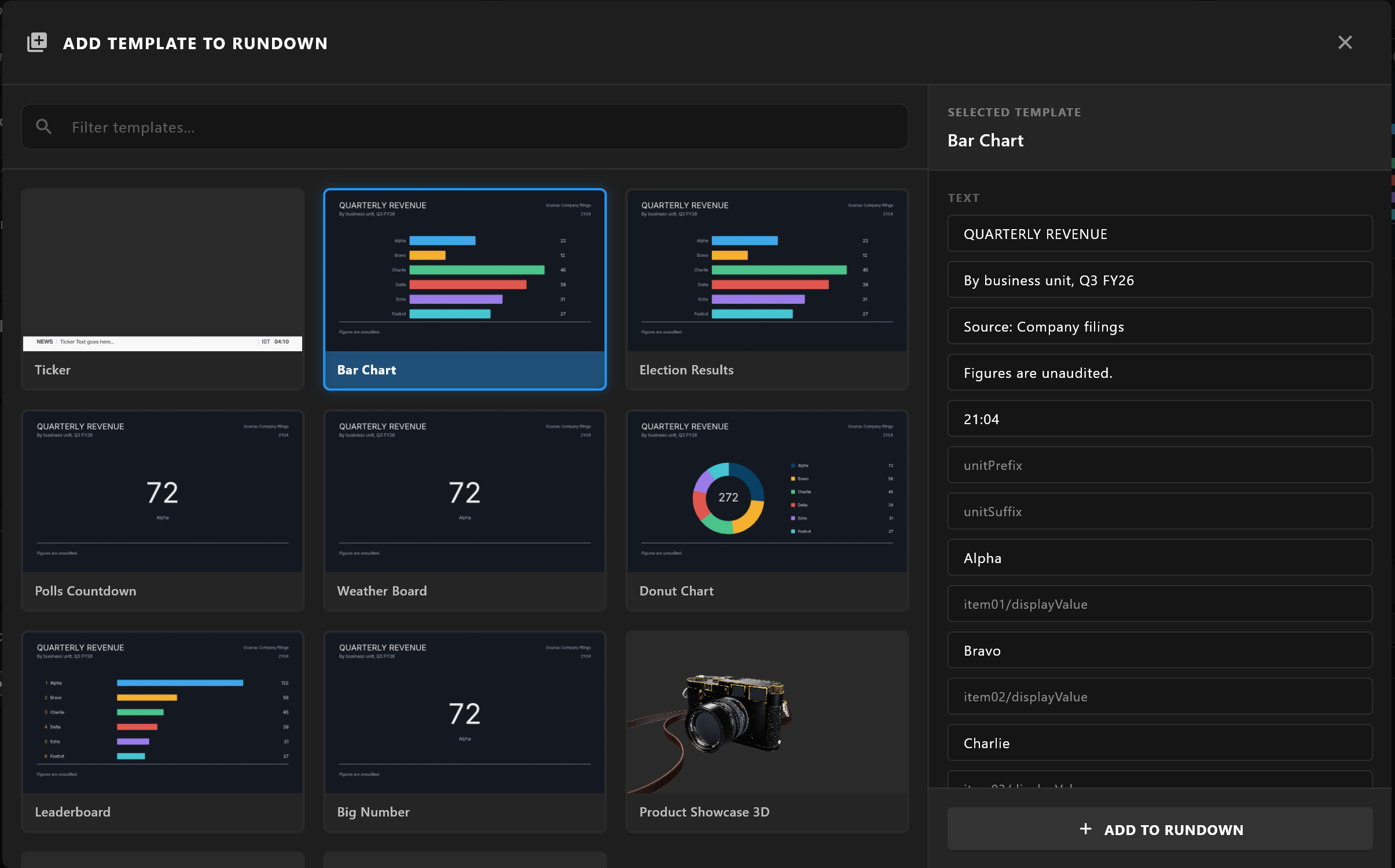 The ADD TEMPLATE TO RUNDOWN dialog: the Filter templates box and the template cards with their pictures, Bar Chart selected, its values listed under SELECTED TEMPLATE, and the ADD TO RUNDOWN button
