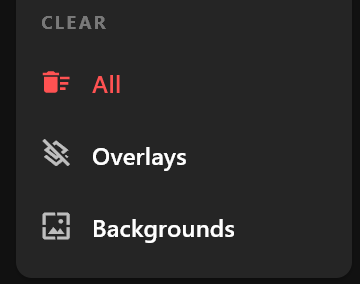The right-click menu of the rundown list, CLEAR section: All, Overlays and Backgrounds