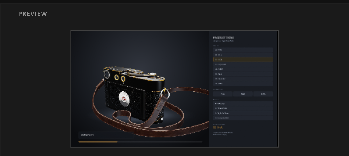 The Preview panel showing a 3D product scene