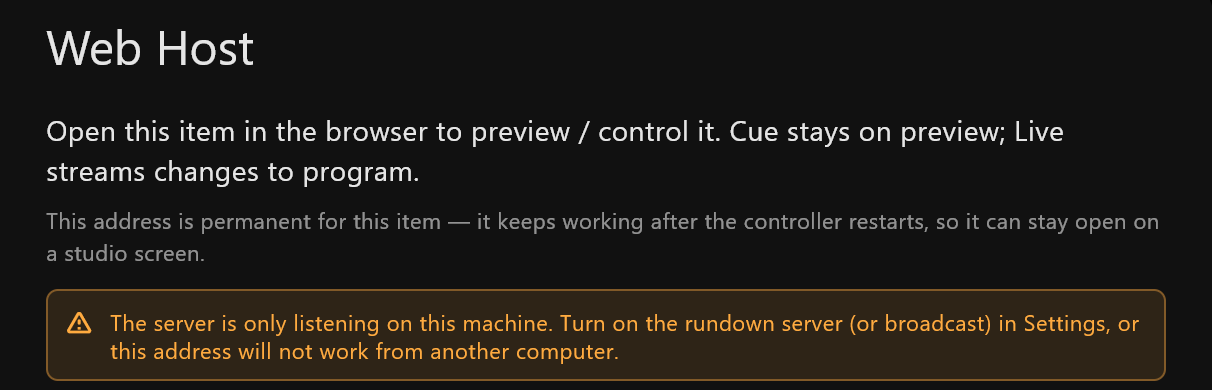 The Web Host dialog: open this item in the browser to preview or control it; Cue stays on preview, Live streams changes to program; the address is permanent for this item