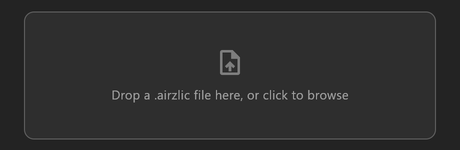 The drop zone: Drop a .airzlic file here, or click to browse