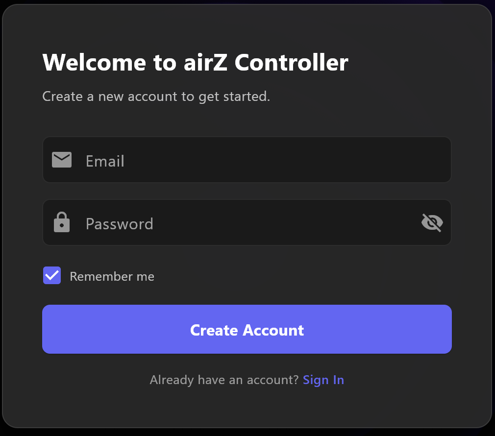 The same card in sign-up mode, with Create Account and Already have an account? Sign In