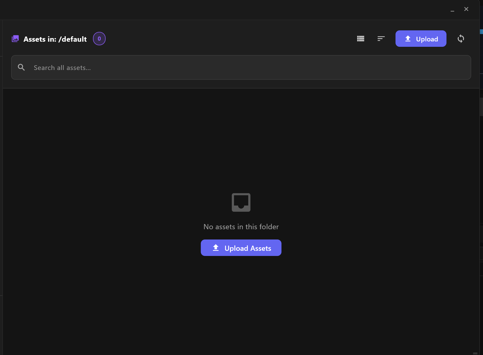 The Assets manager: the folder's name at the top with the view, sort, Upload and refresh buttons, a search box, and an empty folder offering Upload Assets