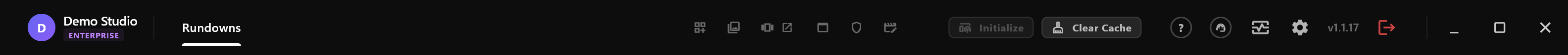 The title bar: the studio name and plan, the Rundowns tab, then Templates, Assets, Ticker, Interfaces, Moderation and Video Editor shown as icons, Initialize and Clear Cache, and on the right Help, Support, System Health, Settings, the version number and Log Off
