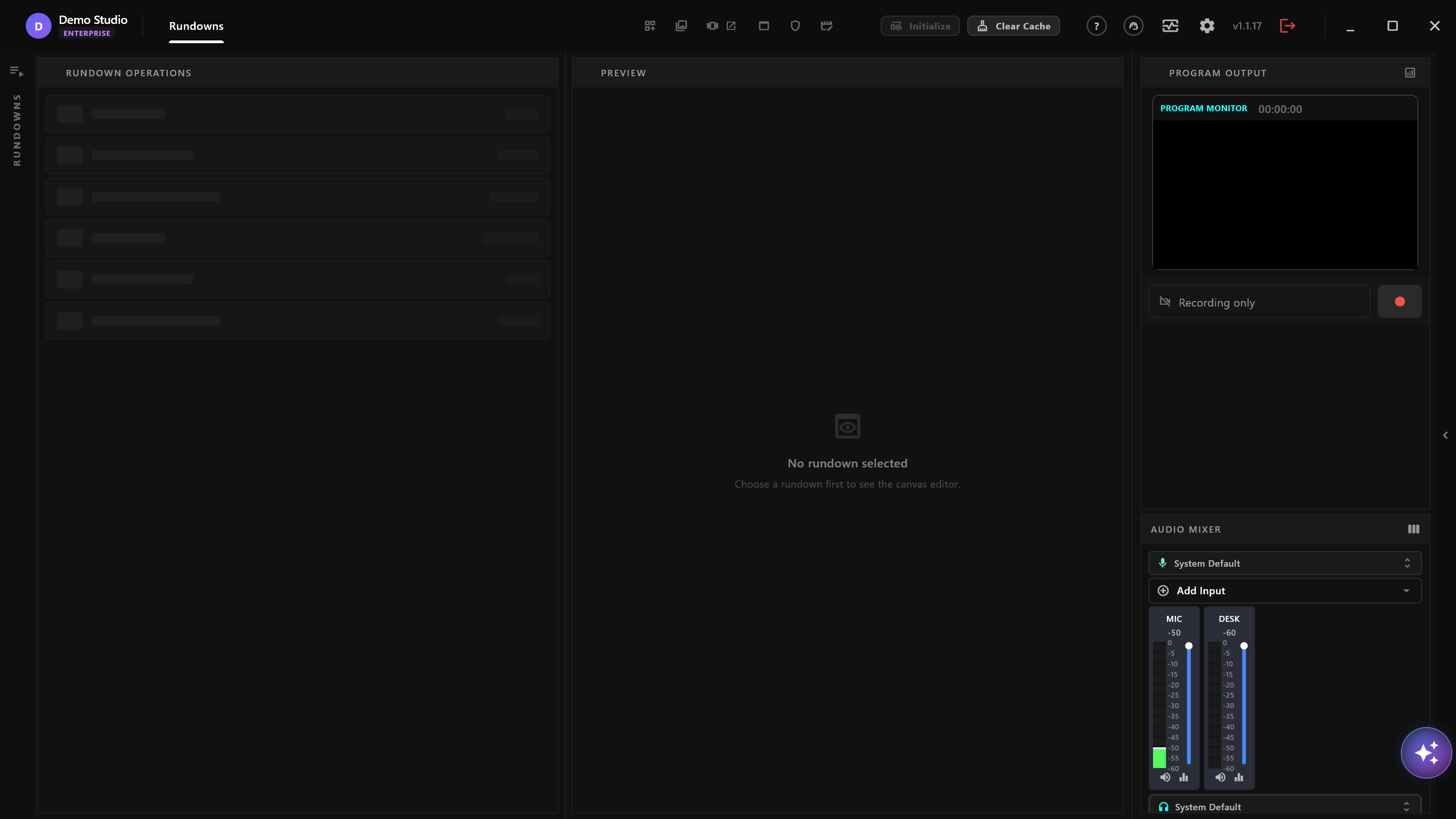 The airZ Controller window: the title bar across the top, the Rundowns rail at the far left, the Rundown Operations and Preview panels in the middle, and Program Output above the Audio Mixer on the right