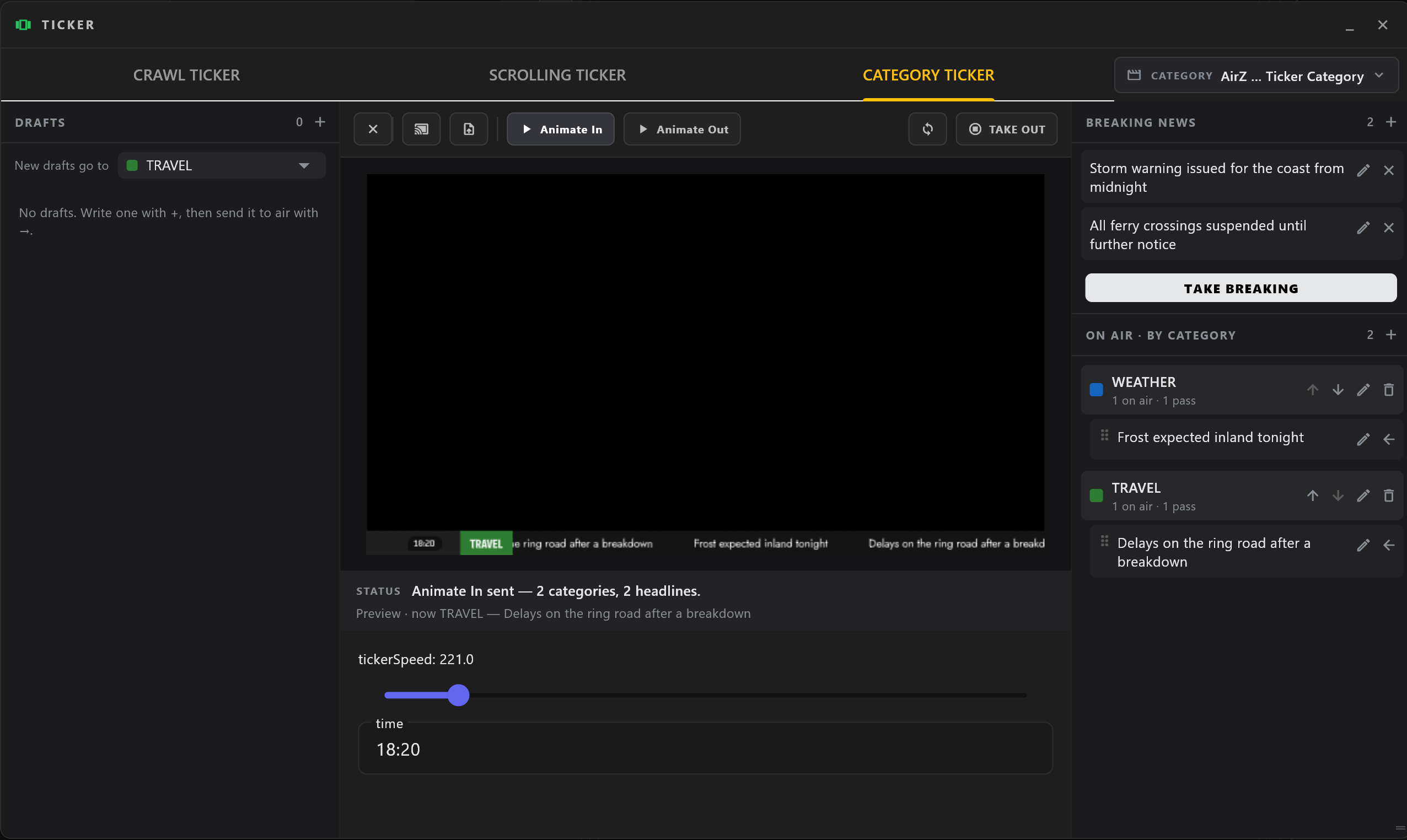The Category tab: New drafts go to on the left, the preview in the middle with the category ticker running, and ON AIR · BY CATEGORY on the right with WEATHER and TRAVEL, each with its colour, its passes and its headline on air