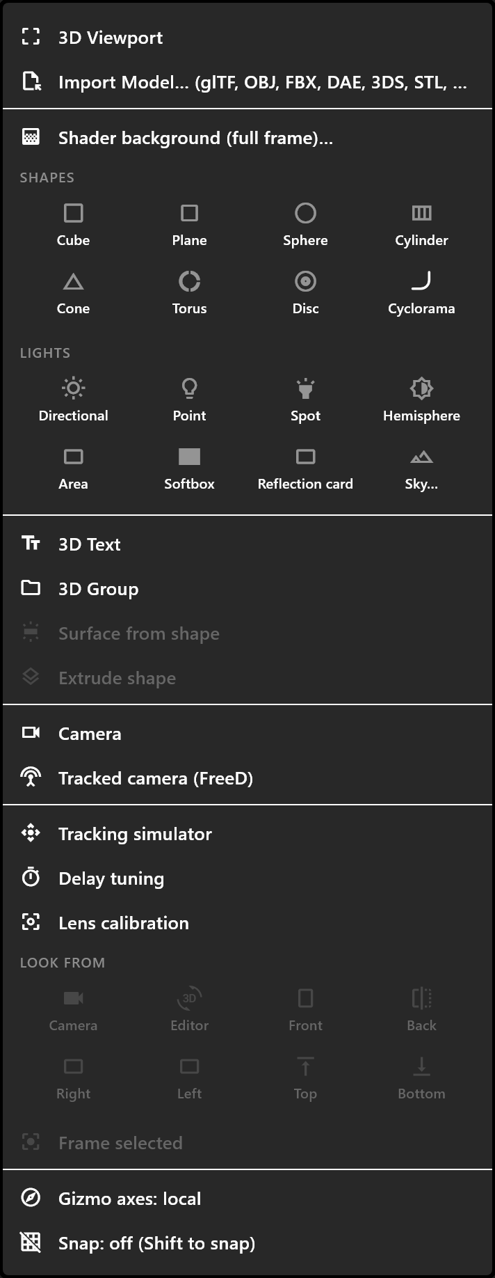 The 3D menu: shapes, text and models, and the Lights row with Directional, Point, Spot, Hemisphere, Area, Softbox, Reflection card and Sky…