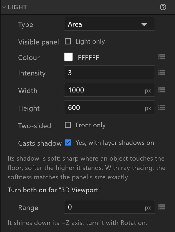 An area light's Light section: Visible panel, Colour, Intensity, Width, Height, Two-sided, Casts shadow and Range