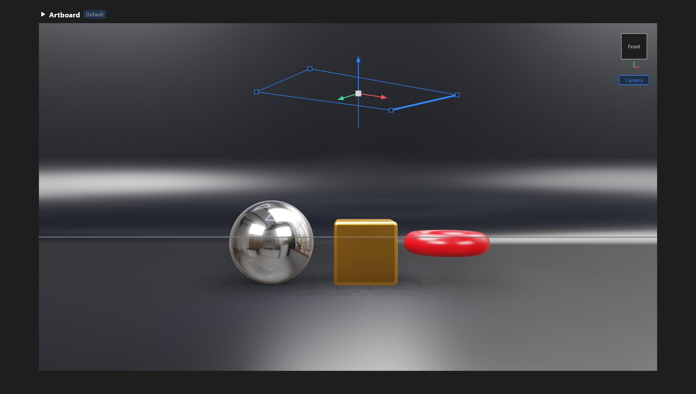 An area light selected over a product set: the stage draws the panel as a rectangle with a square at each corner, the edge under the pointer lit blue, and the floor below gets a pool of light