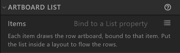 The Artboard list section: Items, not bound yet, and what the list draws