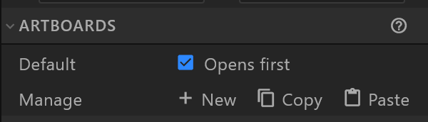 The Artboards section: Opens first, and New, Copy, Paste and Delete