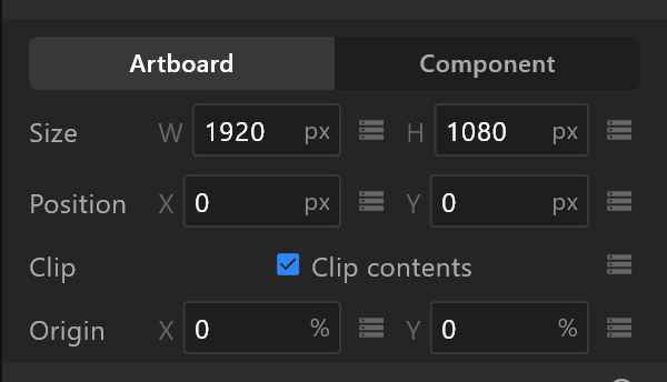 The top of the artboard inspector: its name, Artboard or Component, Size, Position, Clip and Origin