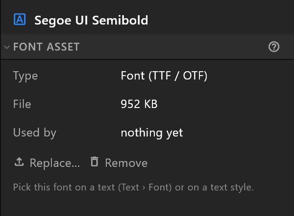 The inspector for a font: Type, File, Used by, and Replace and Remove