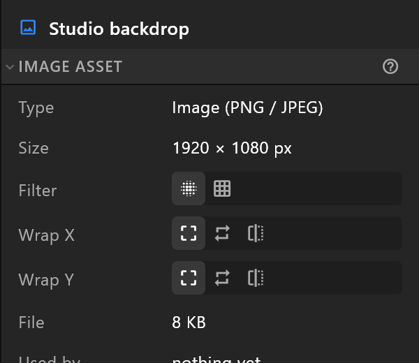 The inspector for a picture: Type, Size, File, Used by, and Place, Replace and Remove