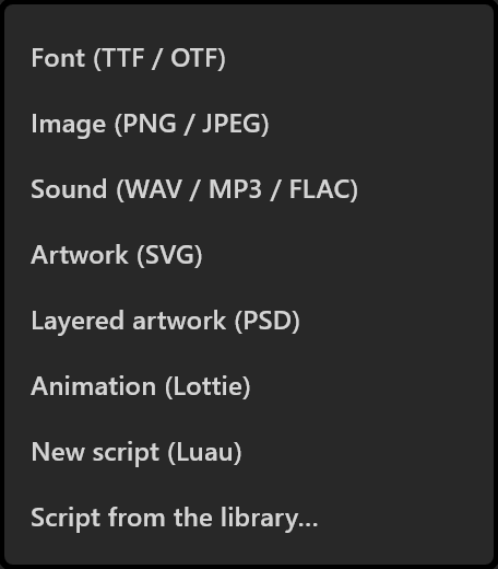 The Assets + menu