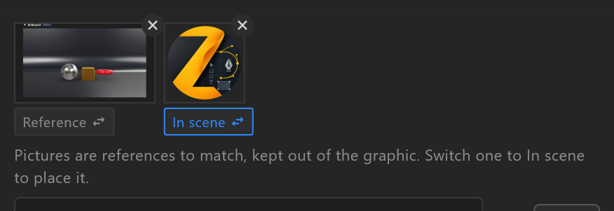 Two pictures waiting: a studio render marked Reference, and a logo switched to In scene, with the line under them