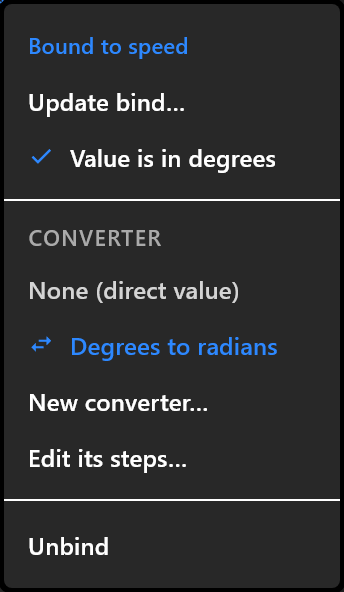 The bind menu of a rotation bound to speed, with Value is in degrees ticked