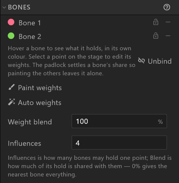 A bound shape's Bones section: its bones in their colours, Unbind, Paint weights, Auto weights, Weight blend and Influences