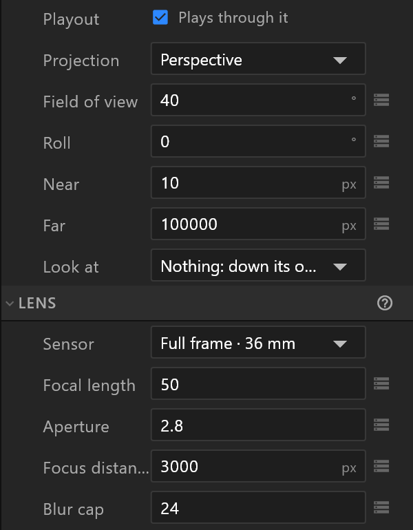 A camera's Camera and Lens sections
