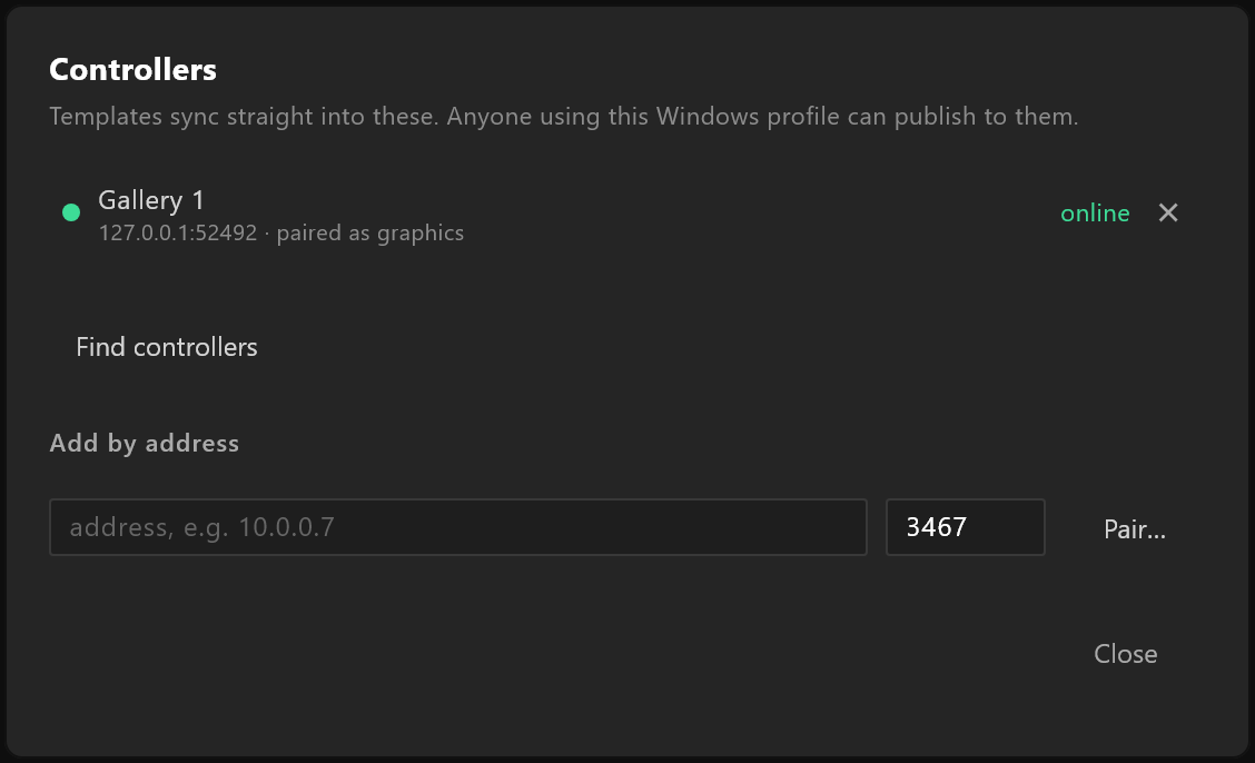 The Controllers window: one paired controller, online, then Find controllers and Add by address
